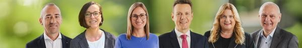 Verwaltungsvorstand in einer Reihe nebeneinander sind Thomas Lötsch, Petra Lill, Anna Maria Ostermeier, Harald Sievers, Tina Schädler und Franz Baur