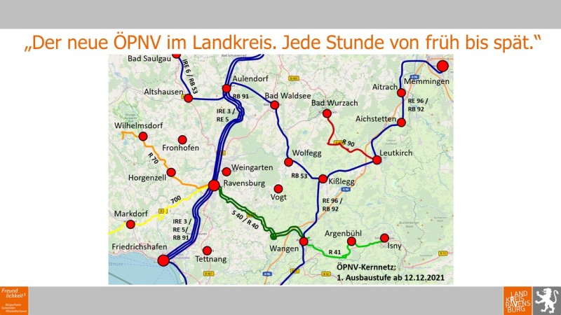 Zu sehen ist ein Landkartenausschnitt, der den Landkreis Ravensburg zeigt. Auf diesem sind ÖPNV-Linien eingezeichnet, unten rechts steht: ÖPNV-Kernnetz, 1. Ausbaustufe ab 12.12.2021.