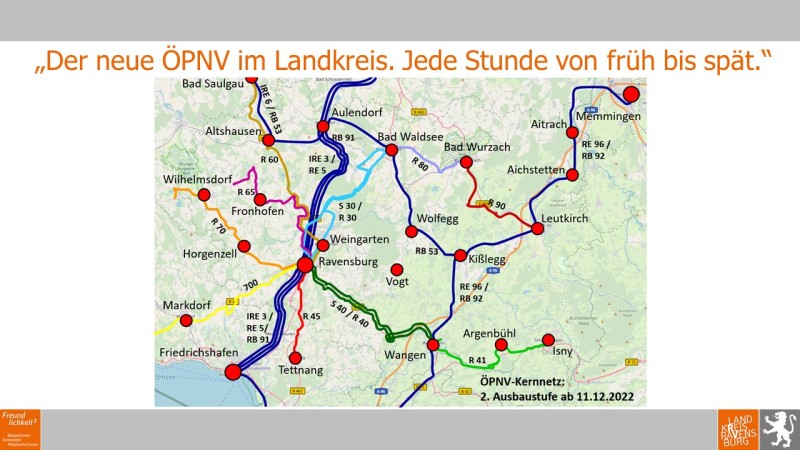 Zu sehen ist ein Landkartenausschnitt, der den Landkreis Ravensburg zeigt. Auf ihm sind nicht nur in blauen, sondern auch in anderen Farben ÖPNV-Linien eingezeichnet. Unten rechts steht: ÖPNV-Kernnetz: 2. Ausbaustufe ab 11.12.2022.