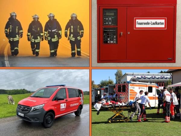 Beispielbilder des Bevölkerungsschutzes (Feuerwehreinsatzkräfte, Vorbeugender Brandschutz, Einsatzkräfte des Zivil- und Katastrophenschutzes).