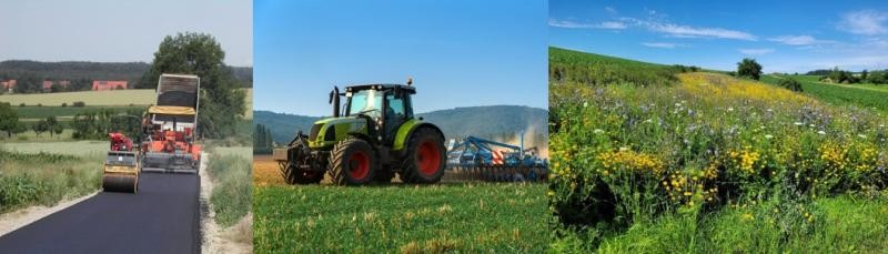 drei Fotos nebeneinander gereiht, von links auf dem ersten Bild Teerung eines Weges zwischen zwei Feldern, auf dem zweiten ein Traktor beim Mähen mit einer Mähmaschine, auf dem dritten Bild ein mit Blumen bepflanzter Ackerrandstreifen im Vordergrund von Feldern