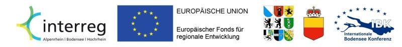Zu sehen sind Logos der Förderpartner:innen: Interreg, EU, Schweizer Kantone, Fürstentum Liechtenstein, Internationale Bodenseekonferenz