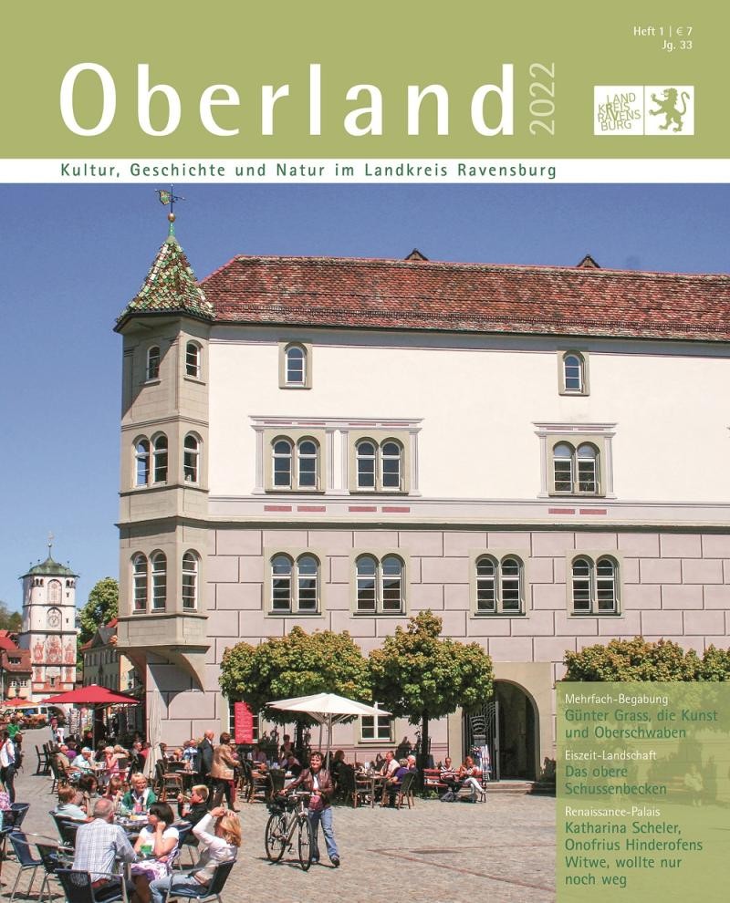 Ein Renaissance-Palais nimmt den Großteil der Abbildungsfläche ein, die unter der weißen Überschrift auf grünem Grund "Oberland 2022" zu sehen ist. Auf dem Platz vor dem Gebäude sitzen Menschen an Tischen mit roten und weißen Sonnenschirmen und unter Bäumen an einem sommerlichen Tag.