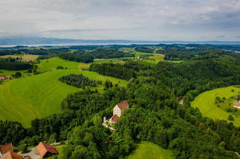 Luftbild über Schloss Achberg und die Hügellschandschaft