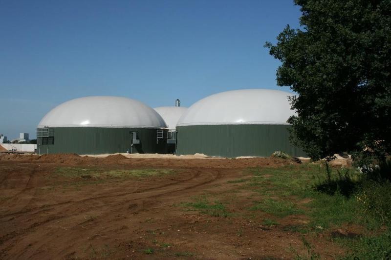 Hintergründig vor einem erdigen Bereich mit einem Baum rechts daneben drei grüne Behälter oder Silos einer Biogasanlage.