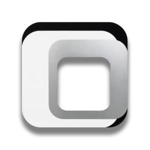 Gerold Miller: total object 285 drei quadratische Rahmen mit gerundeten Ecken sind beieinander arrangiert, sodass es eine Durchblicksfläche in Form eines Quadrates gibt. Die drei Quadrate, die diese Fläche umrahmen, sind silbergrau, weiß und schwarz (von innen nach außen).