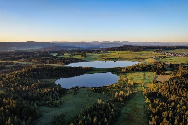 Landschaftspanorama-Luftbild bei klarem Wetter. Im Zentrum zwei Seen, umgeben von Wäldern, Hügeln und Wiesen.