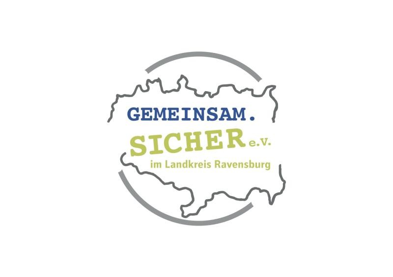 Umriss des Landkreises mit Schrift Gemeinsam.Sicher e.V. im Landkreis Ravensburg