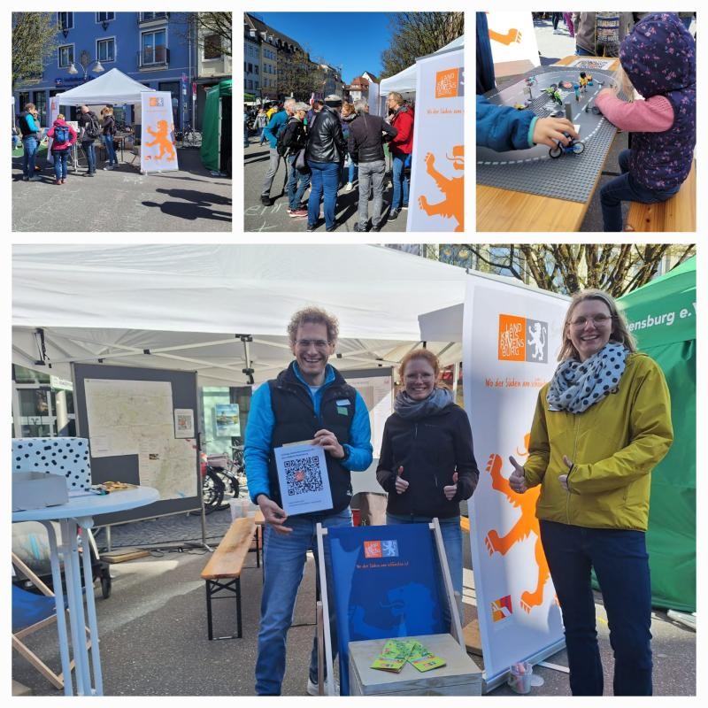 Radverkehrskoordinator Tobias Wedi, Sarah Dartenne vom Stadt- und Verkehrsplanungsbüro Kaulen und die Koordinatorin für Mobilität und Klimaschutz Beatrix Andriof beim Start der Bürgerbeteiligung am Mobilitätstag in Ravensburg, am 06. April 2025.