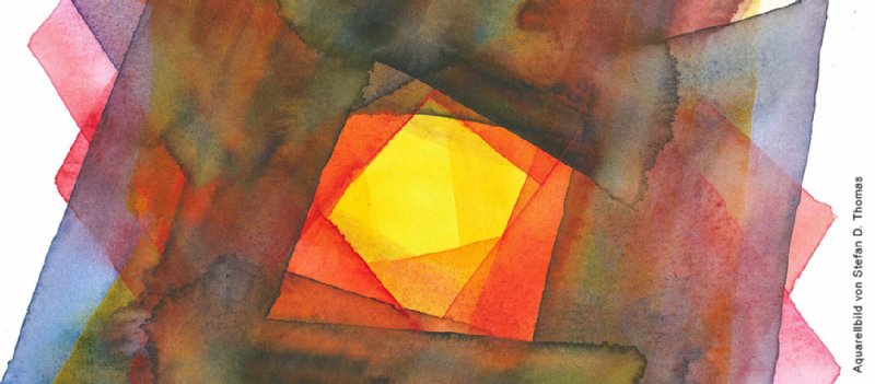 Aquarellbild von Stefan D. Thomas abstraktes AquarellmalereiBild mit warmen Farben im Zentrum, Blaugrau- und Violett-Töne außen darübergelegt.