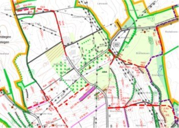 Wege- und Gewässerplan Karte eines Wege- und Gewässerplans mit verschiedenen farblichen Markierungen
