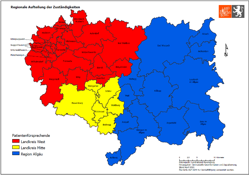 Landkreiskarte des Landkreis Ravensburg in drei farblichen Markierungen. Die jeweiligen Farben geben die Zuständigkeitsbereiche der Pateintenfürsprechenden an.      