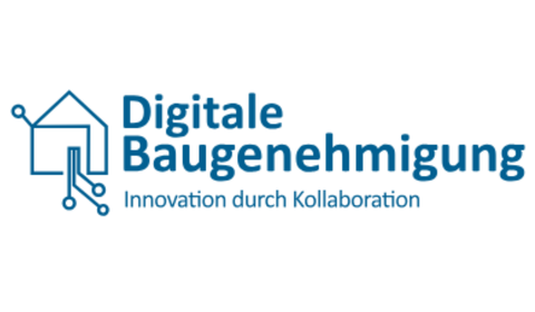 Text im Bild neben einer einfachen Hausgrafik mit Schaltkreis-Schnittstellen: Digitale Baugenehmigung. Innovation durch Kollaboration
