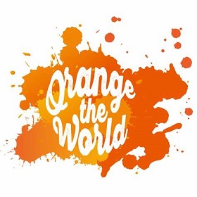 Orange the World Logo mit der weißen Schrift Orange the World auf einem orangen Farbklecks.