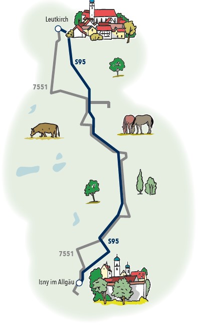 Graphische Abbildung des Streckenverlauf von Leutkirch nach Isny, eingezeichnet auf einer Landkarte.