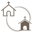 Piktogrammgrafiken zweier Häuser mit Kreuzen auf dem Dach, die Kapellen darstellen sollen. Links oben weiß gefüllt, rechts unten dunkel gefüllt. Beide Figuren sind verbunden durch einen gestrichelten Kreis.
